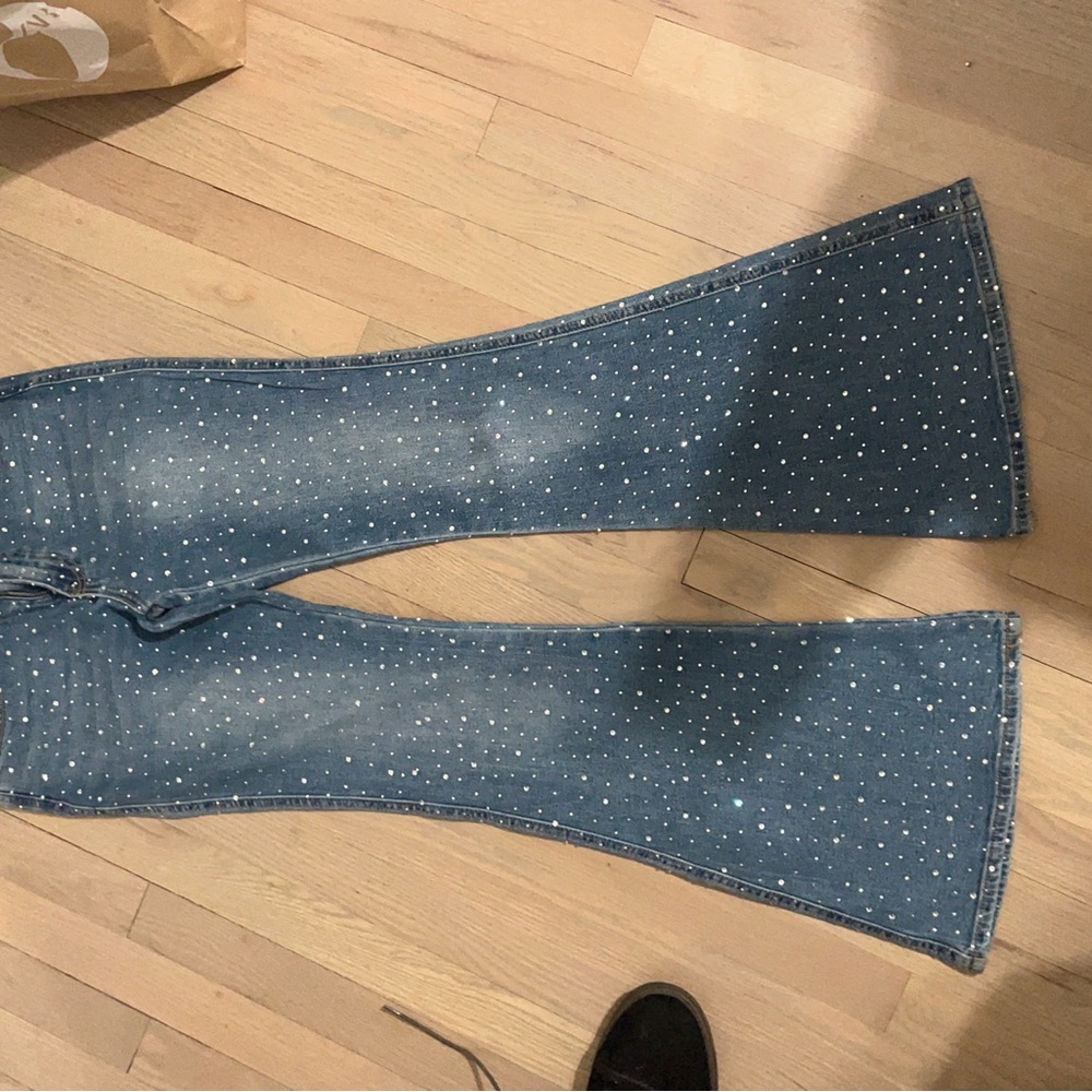 Women's Blue Flared Jeans with Studded Detail